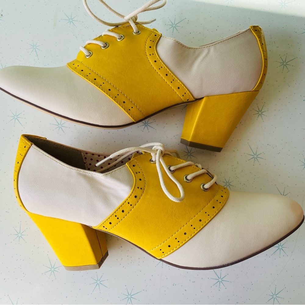 Brand new BAIT footwear women’s size 10 saddle oxfords heels yellow and cream